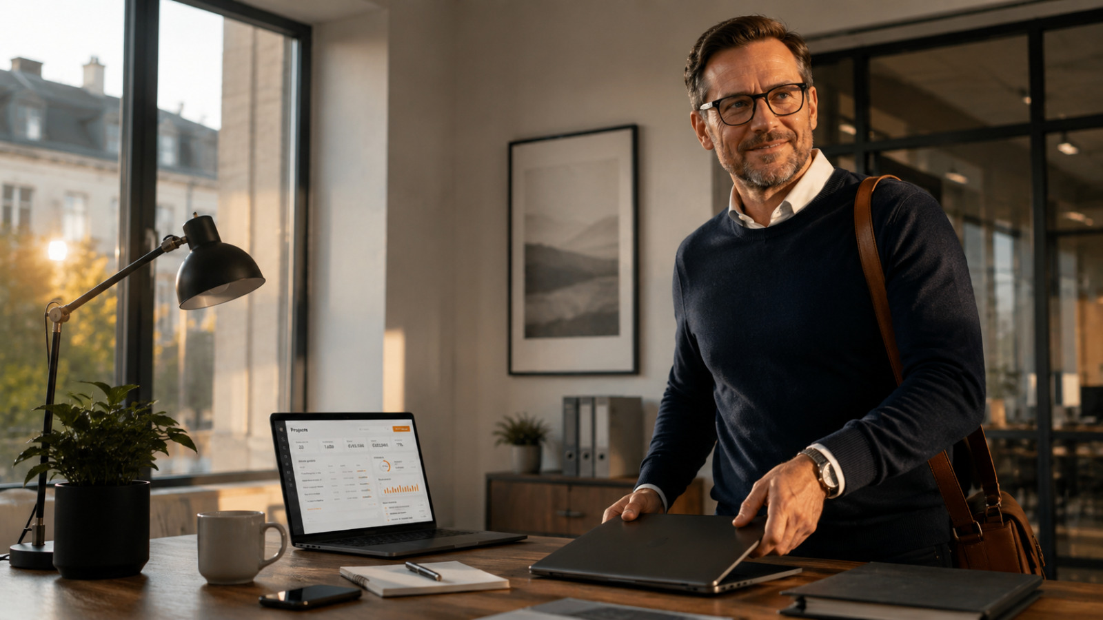 Unternehmer verlässt das Büro mit dem Gefühl, alles im Griff zu haben